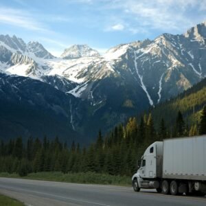 A semi-truck travels along a highway with snow-capped mountains in the background.